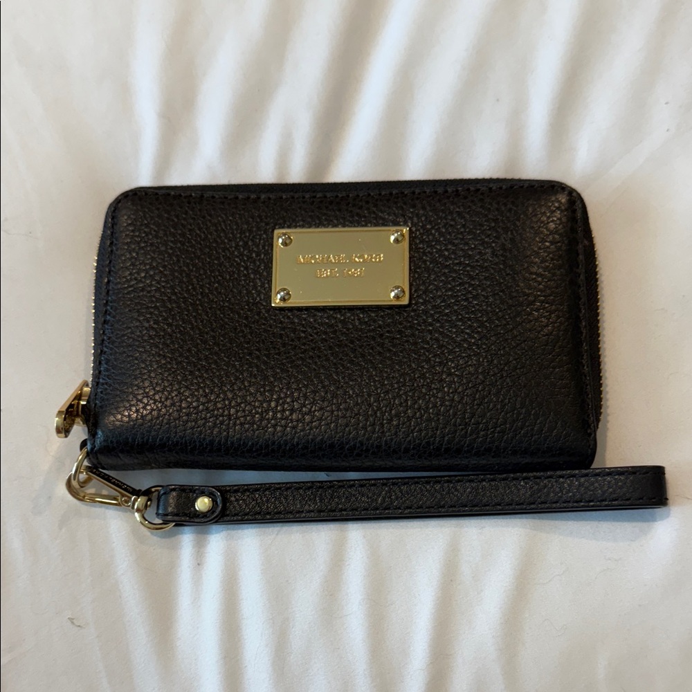 Michael Kors Black Leather Wristlet with Gold Accents
